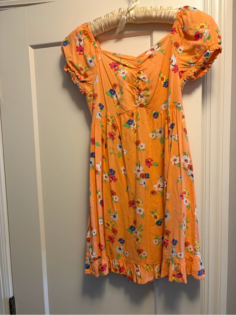 Girl’s Love, Fire Orange Floral Puff-Sleeve Sundress
